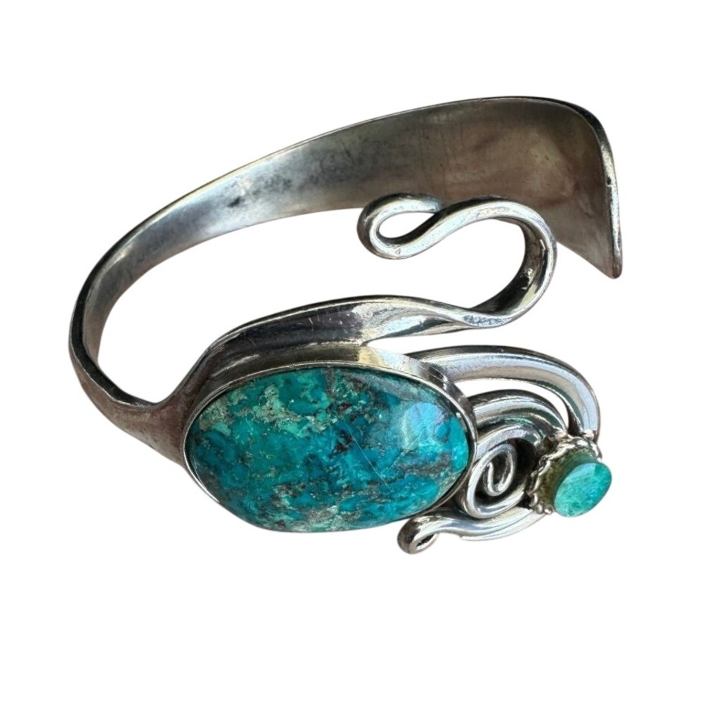 Vintage Alpacca Fina Turquoise Folk Art Cuff Bracelet